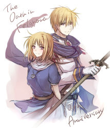 Rule 34 | 1boy, 1girl, anniversary, arms behind back, bad id, bad pixiv id, belt, blonde hair, blue dress, breasts, brother and sister, chester stoddart, copyright name, dress, elena stoddart, falcom, gloves, jewelry, long sleeves, looking at viewer, medium breasts, military, military uniform, pendant, purple eyes, scarf, sheath, sheathed, short hair, siblings, simple background, sketch, smile, sword, uniform, upper body, uuta (uturautouto), weapon, white background, white gloves, ys, ys iii wanderers of ys