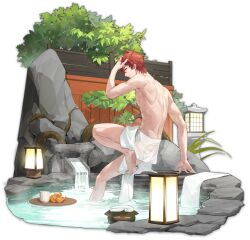 Rule 34 | 1boy, artist request, barefoot, choko (cup), cup, hand in own hair, highres, lantern, looking at viewer, mahjong soul, male focus, naked towel, official art, onsen, orange hair, partially submerged, plant, rock, roots, short hair, solo, takigawa natsuhiko, toned, toned male, topless male, towel, transparent background