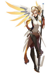 Rule 34 | 1girl, bad id, bad pixiv id, bodysuit, catsmoon, full body, glowing, glowing wings, halo, high ponytail, highres, holding, holding staff, long hair, mechanical halo, mechanical wings, mercy (overwatch), overwatch, overwatch 1, pantyhose, simple background, solo, spread wings, staff, standing, white background, wings, yellow wings