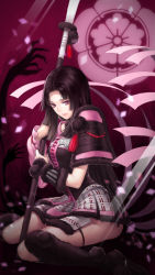 Rule 34 | 1girl, armor, black hair, boots, bracer, closed mouth, commentary request, confetti, crest, family crest, faulds, highres, holding, holding weapon, kangetsu (fhalei), long hair, long sleeves, looking at viewer, naginata, oichi (sengoku basara), parted bangs, polearm, pom pom (clothes), purple eyes, sandals, sengoku basara, sitting, solo, two-handed, wariza, weapon