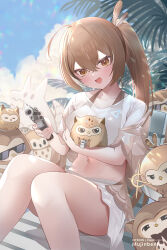 Rule 34 | 1girl, 6+others, ahoge, alternate costume, animal (nanashi mumei), beach, brown eyes, brown hair, cloud, cloudy sky, crop top, feather hair ornament, feathers, feet out of frame, fingernails, gun, hair ornament, handgun, holding, holding gun, holding weapon, hololive, hololive english, hooman (nanashi mumei), hootsie (nanashi mumei), legs, lens flare, long hair, mujinbensin, multicolored hair, multiple others, nanashi mumei, narrowed eyes, navel, palm tree, pointing gun, pointing weapon, ponytail, revolver, skirt, sky, smile, streaked hair, summer, sunglasses, swimsuit, tree, very long hair, virtual youtuber, weapon, whistle, whistle around neck
