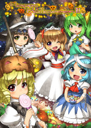 Rule 34 | 5girls, adapted costume, animal ears, bandages, basket, black hair, blonde hair, blue eyes, blue hair, bow, candy, cat ears, cat tail, chestnut mouth, cirno, daiyousei, dress, drill hair, fang, food, green eyes, green hair, hair bow, halloween, halloween costume, happy halloween, hat, hat ribbon, jack-o&#039;-lantern, juliet sleeves, kemonomimi mode, lollipop, long sleeves, looking at viewer, luna child, multiple girls, one eye closed, open mouth, outstretched arms, pink eyes, puffy short sleeves, puffy sleeves, pumpkin hat, purple eyes, ribbon, sash, short sleeves, side ponytail, skirt basket, smile, star sapphire, sunny milk, tail, touhou, twintails, umigarasu (kitsune1963), white dress, wide sleeves, witch hat, yellow eyes