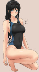 Rule 34 | 1girl, amagami, barefoot, black hair, black hairband, black one-piece swimsuit, blue eyes, breasts, brown background, cleavage, competition swimsuit, covered navel, curly hair, full body, hairband, highres, long hair, looking at viewer, medium breasts, morishima haruka, one-piece swimsuit, on one knee, sidelocks, solo, swimsuit, two-tone swimsuit, yoo tenchi