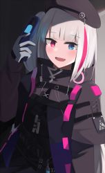 Rule 34 | 1girl, beret, black jacket, blue eyes, blush, girls&#039; frontline, gloves, hat, heterochromia, highres, hinami047, holding, holding phone, jacket, long hair, looking at viewer, mdr (girls&#039; frontline), multicolored hair, open mouth, phone, pink eyes, silver hair, simple background, smile, solo, white gloves