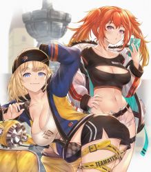 Rule 34 | 2girls, alternate costume, baseball cap, bent over, blonde hair, blue eyes, blush, breasts, bright pupils, casual, cellphone, cleavage, cleavage cutout, closed mouth, clothing cutout, collarbone, crop top, hand on own hip, hat, holding, holding phone, hololive, hololive english, honkivampy, jacket, large breasts, long hair, looking at viewer, medium hair, midriff, motor vehicle, multiple girls, navel, open clothes, open jacket, orange hair, parted lips, phone, pink eyes, purple eyes, scooter, shorts, smartphone, smile, takanashi kiara, thigh strap, twintails, virtual youtuber, watson amelia
