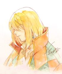 Rule 34 | 1boy, akagi shun, bad id, bad twitter id, blonde hair, blouse, cape, commentary, covered eyes, earrings, from side, hair between eyes, hair over eyes, high collar, howl (howl no ugoku shiro), howl no ugoku shiro, jewelry, light smile, long hair, male focus, multicolored cape, multicolored clothes, parted lips, profile, shirt, signature, simple background, solo, white background, white shirt