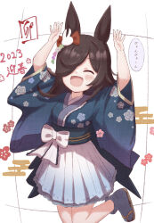 Rule 34 | 1girl, 2023, :d, ^ ^, animal ears, arms up, black hair, blue kimono, blue skirt, blue socks, blush, bow, breasts, brown footwear, chinese zodiac, closed eyes, commentary request, ear bow, egasumi, facing viewer, floral print, gradient skirt, hair ornament, hair over one eye, highres, horse ears, japanese clothes, kimono, long hair, long sleeves, obi, open mouth, pleated skirt, print kimono, rabbit hair ornament, rabbit pose, red bow, rice shower (umamusume), sandals, sash, skirt, small breasts, smile, socks, solo, sunanuko (ramuneko), tabi, translation request, umamusume, white skirt, wide sleeves, year of the rabbit, zouri