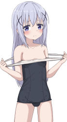 Rule 34 | 1girl, bad id, bad twitter id, bare shoulders, black one-piece swimsuit, blue eyes, blue hair, clothes pull, commentary request, cowboy shot, flat chest, frown, gochuumon wa usagi desu ka?, hair between eyes, hair ornament, highres, kafuu chino, light blue hair, long hair, looking at viewer, one-piece swimsuit, one-piece swimsuit pull, school swimsuit, simple background, solo, standing, swimsuit, takasuma hiro, very long hair, white background, x hair ornament