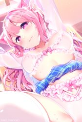 Rule 34 | animal ear fluff, animal ears, arms up, blue skirt, blush, bow, bow bra, bow panties, bra, breasts, cat ears, chikuwa., closed mouth, clothes lift, collarbone, commentary request, desk, fang, fang out, frilled bra, frilled panties, frills, groin, hair ribbon, heart, heart-shaped pupils, indoors, lace, lace-trimmed bra, lace trim, long hair, long sleeves, looking at viewer, medium breasts, on desk, open clothes, open shirt, original, panties, pink bra, pink hair, pink panties, plaid, plaid skirt, purple eyes, ribbon, school desk, shirt, skirt, skirt lift, solo, spread legs, symbol-shaped pupils, underwear, wavy mouth, white legwear, white ribbon, white shirt