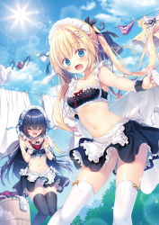 Rule 34 | 2girls, :d, :o, apron, armpits, bare arms, bare shoulders, black hair, black legwear, black ribbon, black skirt, blanket, blonde hair, blue eyes, blue ribbon, blue skirt, blue sky, blush, bow, bow panties, breasts, cat hair ornament, cleavage, closed eyes, cloud, collarbone, crop top, day, dengeki moeou, embarrassed, fang, floating hair, frilled panties, frills, gluteal fold, hair ornament, hair ribbon, hairclip, highres, holding, holding blanket, holding clothes, holding panties, holding underwear, laundry, light particles, lingerie, long hair, looking at viewer, maid, maid apron, maid headdress, medium breasts, midriff, miniskirt, multiple girls, navel, no panties, nose blush, open mouth, original, outdoors, panties, unworn panties, polka dot, polka dot panties, red panties, ribbon, shirt, side-tie panties, skirt, sky, sleeveless, smile, sparkle, standing, stomach, suzushiro atsushi, thighhighs, twintails, underwear, untied panties, very long hair, waist apron, white legwear, white panties, wrist cuffs, yellow shirt