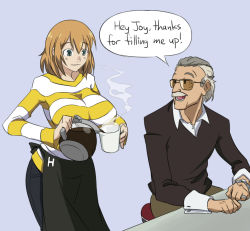 Rule 34 | 1boy, 1girl, aged up, apron, breasts, brown hair, coffee, cup, drawfag, english text, facial hair, gender request, genderswap, genderswap (mtf), green eyes, grey hair, heroman, huge breasts, jewelry, joey jones, large breasts, matsu-sensei, mustache, old, old man, pouring, ring, stan lee, striped clothes, striped sweater, sunglasses, sweater, watch