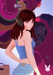 Rule 34 | 1girl, alternate costume, ass, bare shoulders, blue shirt, breasts, brown eyes, brown hair, casual, character name, closed mouth, cowboy shot, crop top, d.va (overwatch), denim, denim shorts, facepaint, facial mark, from side, hand on own hip, headphones, lips, long hair, looking at viewer, luffie, mecha, meka (overwatch), overwatch, overwatch 1, pink lips, pocket, robot, shirt, short shorts, shorts, sleeveless, sleeveless shirt, small breasts, solo, whisker markings