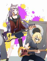 Rule 34 | 2girls, black tank top, blue eyes, blue skirt, breasts, cleavage, eyebrows, fang, fang out, floating hair, grey shirt, guitar, highres, holding, holding instrument, hololive, hololive english, instrument, july (gradeatrash), long hair, looking over eyewear, looking over glasses, mole, mole under eye, multiple girls, musical note, ninomae ina&#039;nis, open mouth, paint splatter, pointy ears, purple eyes, shirt, short hair, single thighhigh, skin fang, skirt, smile, speaker, sunglasses, tank top, thighhighs, tinted eyewear, twitter username, very long hair, virtual youtuber, watson amelia