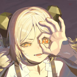Rule 34 | 1girl, arknights, choker, collarbone, commentary, english commentary, fangs, favilia, half-closed eye, hand over face, hand up, horns, ifrit (arknights), jacket, looking away, ok sign, ok sign over eye, orange eyes, parted lips, portrait, shadow, short hair, slit pupils, solo, twintails, white jacket