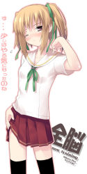 Rule 34 | 1girl, black thighhighs, blonde hair, blush, bow, breasts, brown eyes, clothes lift, collarbone, hair ribbon, hand on own hip, kantoku, neckerchief, one eye closed, outline, parted lips, pink outline, red skirt, ribbon, school uniform, serafuku, shirt, simple background, skirt, small breasts, solo, thighhighs, translation request, twintails, white background, white shirt, wink