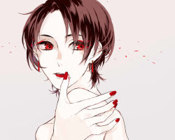 Rule 34 | 10s, 1boy, bare shoulders, brown hair, earrings, eyelashes, face, jewelry, kashuu kiyomitsu, looking at viewer, makeup, male focus, mole, mole under mouth, nail polish, pale skin, red eyes, red lips, red nails, topless male, short hair, simple background, solo, touken ranbu, yuki vvvv