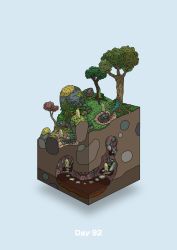 Rule 34 | afterimage, blue background, commentary request, diorama, gozz, highres, isometric, moss, olmec head, original, overgrown, stairs, stepping stones, tree, underground