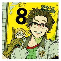 Rule 34 | 1boy, bishounen, brown eyes, brown hair, dated, freckles, glasses, gloves, happy birthday, holding, holding stuffed toy, horropedia, jacket, male focus, reverse:1999, sakita pani, short hair, smile, solo, stuffed toy, upper body, white jacket