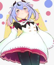 Rule 34 | 1other, absurdres, black legwear, blue hair, blush, detached sleeves, from below, highres, horns, looking at viewer, looking down, meika mikoto, other focus, polka dot, polka dot background, vocaloid