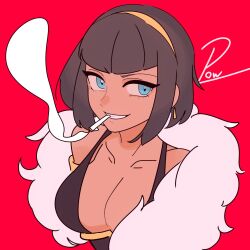 Rule 34 | 1girl, black hair, blue eyes, bob cut, breasts, cigarette, collarbone, eliza (skullgirls), feather boa, grin, hairband, highres, large breasts, looking to the side, portrait, pow3776, red background, short hair, skullgirls, smile, smoking, solo