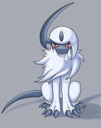 Rule 34 | absol, claws, closed mouth, creatures (company), forehead jewel, game freak, gen 3 pokemon, grey background, horns, nintendo, pokemon, pokemon (creature), simple background, single horn, sitting, smile, soruva 359, white hair