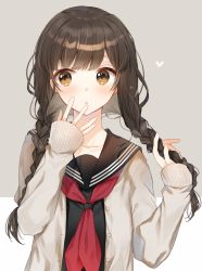 Rule 34 | 1girl, black serafuku, blush, braid, brown eyes, brown hair, buttons, closed mouth, commentary request, hair between eyes, hair over shoulder, heart, hiiragi souren, holding, holding hair, long hair, long sleeves, looking to the side, neckerchief, original, red neckerchief, sailor collar, school uniform, serafuku, simple background, solo, sweater, twin braids