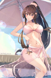 Rule 34 | 1girl, artist name, bikini, blush, breasts, brown eyes, brown hair, dated, flower, hair between eyes, hair flower, hair ornament, highres, himeyamato, kantai collection, large breasts, long hair, navel, open mouth, pink bikini, pink flower, pink sarong, ponytail, sarong, signature, solo, swimsuit, very long hair, yamato (kancolle), yamato kai ni (kancolle)