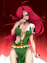 Rule 34 | 1girl, ahoge, arm up, blood, blood on face, blood on wall, bow, braid, breasts, breasts apart, chinese clothes, closed mouth, collar, collarbone, crossover, embodiment of scarlet devil, ex-meiling, female focus, floating hair, frills, gradient background, hair bow, hair over one eye, hair tie, hand up, hong meiling, injury, large breasts, licking, licking blood, long hair, mangekyou sharingan, matching hair/eyes, naruto, naruto (series), parody, red eyes, red hair, serious, sharingan, smile, smirk, solo, standing, symbol-shaped pupils, tangzhuang, tongue, tongue out, torn clothes, torn sleeve, torn sleeves, touhou, twin braids, very long hair