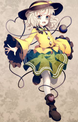 Rule 34 | 1girl, bow, brown footwear, dise (psychoro), floral print, full body, green eyes, green skirt, hat, hat bow, heart, heart of string, highres, komeiji koishi, long sleeves, looking at viewer, miniskirt, open mouth, pantyhose, shirt, shoes, silver hair, skirt, smile, solo, standing, standing on one leg, third eye, touhou, white pantyhose, wide sleeves, yellow bow, yellow shirt