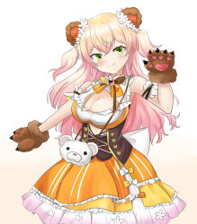 Rule 34 | &gt;:), 1girl, ancha (itea111), animal bag, animal ears, animal hands, arm garter, bare arms, bare shoulders, bear bag, bear ears, bear paws, bell, blonde hair, bow, bowtie, breasts, cleavage, cleavage cutout, closed mouth, clothing cutout, corset, cowboy shot, cutout above navel, dress flower, flower, frilled shirt, frilled skirt, frills, gloves, gradient hair, green eyes, hair flower, hair ornament, highres, hololive, jingle bell, layered skirt, long hair, looking at viewer, miniskirt, momosuzu nene, multicolored hair, multicolored neckwear, neck bell, orange skirt, paw gloves, petticoat, pink hair, shirt, simple background, skirt, skirt set, sleeveless, sleeveless shirt, smile, solo, two side up, underbust, v-shaped eyebrows, virtual youtuber, white background, yellow skirt