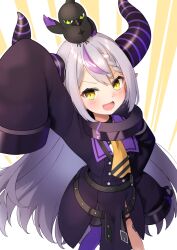 Rule 34 | 1girl, :d, animal, animal on head, arm up, bird, bird on head, blush, coat dress, commentary request, crow (la+ darknesss), faubynet, green eyes, grey hair, hand on own hip, highres, hololive, horns, huge horns, la+ darknesss, la+ darknesss (1st costume), long hair, multicolored hair, neckerchief, on head, open mouth, pointy ears, purple hair, purple thighhighs, single thighhigh, sleeves past fingers, sleeves past wrists, smile, solo, streaked hair, striped horns, thighhighs, very long hair, virtual youtuber, yellow eyes, yellow neckerchief
