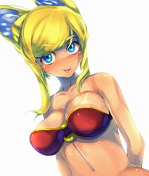 Rule 34 | 1girl, absurdres, animal ears, arms behind back, ashraely, bandeau, bare shoulders, bikini tan, blonde hair, blue eyes, blush, breasts, cleavage, collarbone, dutch angle, female focus, fox ears, happy, highres, large breasts, liru, looking at viewer, navel, nose blush, open mouth, renkin san-kyuu magical pokaan, shiny skin, short hair with long locks, simple background, smile, solo, stomach, swept bangs, tan, tanline, tongue, tongue out, upper body, whiskers, white background