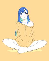 Rule 34 | 1girl, aqua eyes, arm support, blue eyes, blue hair, breasts, facing viewer, highres, light blush, long hair, looking to the side, matatabeat, medium breasts, multicolored hair, no bra, original, simple background, single bare shoulder, solo, sweater, yellow background, yellow sweater