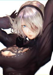 Rule 34 | 1girl, android, black hairband, blue eyes, breasts, cleavage, dress, feather-trimmed sleeves, hair over one eye, juliet sleeves, long sleeves, nier (series), nier:automata, puffy sleeves, short hair, solo, 2b (nier:automata)