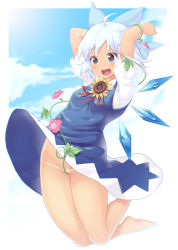 Rule 34 | 1girl, :d, arms up, bare legs, barefoot, blue bow, blue dress, blue hair, blue sky, blush, bow, breasts, cirno, collared shirt, commentary request, convenient censoring, day, detached wings, dress, flower, groin, hair bow, hidden star in four seasons, ice, ice wings, ichio, jumping, large bow, legs together, legs up, no panties, open mouth, partially visible vulva, pinafore dress, plant, puffy short sleeves, puffy sleeves, red ribbon, ribbon, shirt, short hair, short sleeves, sky, sleeveless dress, small breasts, smile, solo, sunflower, tan, tanline, tanned cirno, tareme, touhou, upskirt, vines, white shirt, wing collar, wings
