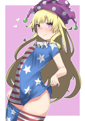 Rule 34 | 1girl, american flag dress, american flag legwear, arched back, bad id, bad pixiv id, blonde hair, blush, border, clothes pull, clownpiece, cowboy shot, dress, hat, heart, highres, jester cap, kz oji, long hair, looking at viewer, neck ruff, pantyhose, pantyhose pull, pink background, pink eyes, polka dot, short dress, short sleeves, solo, standing, striped clothes, striped dress, striped pantyhose, touhou, two-tone background, very long hair, white background, white border