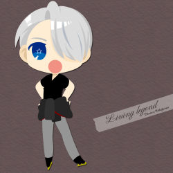 Rule 34 | 1boy, :o, blue eyes, character name, clothes around waist, english text, hair over one eye, hands on own hips, highres, ice skates, kaorin minogue, male focus, open mouth, silver hair, skates, star-shaped pupils, star (symbol), symbol-shaped pupils, viktor nikiforov, yuri!!! on ice