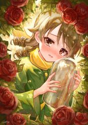 Rule 34 | 1girl, absurdres, blush, brown hair, commentary request, drill hair, flower, green shirt, highres, idolmaster, idolmaster cinderella girls, le petit prince, looking at viewer, morikubo nono, parody, partial commentary, red flower, red rose, rose, scarf, shirt, signature, solo, tears, yellow scarf, yukinuno