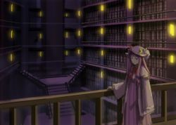 Rule 34 | 1girl, bookshelf, bow, capelet, crescent, dress, hair bow, hair ornament, hat, hat bow, indoors, kurione (zassou), library, light, long hair, long sleeves, looking at viewer, mob cap, patchouli knowledge, purple hair, solo, stairs, striped clothes, striped dress, touhou, vest, voile, wide sleeves
