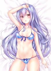 Rule 34 | 1girl, aoba project, aoba rena, arm up, armpits, bare arms, bare shoulders, bed sheet, bikini, blue bikini, blue hair, blush, breasts, breasts apart, collarbone, commentary request, front-tie bikini top, front-tie top, gluteal fold, groin, hair between eyes, halterneck, halterneck, highres, long hair, looking at viewer, lying, medium breasts, navel, on back, open mouth, plaid, red eyes, sakura moyon, solo, stomach, swimsuit, thighs, very long hair
