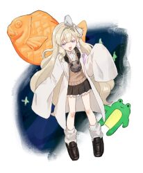 Rule 34 | 1girl, :d, armband, black footwear, black skirt, blonde hair, bow, brmtzz, brown sweater vest, erimo kudryavka, food, frog, full body, hair bow, highres, indie virtual youtuber, lab coat, loafers, looking at viewer, loose socks, miniskirt, open mouth, pleated skirt, purple eyes, safety pin, shoes, skirt, sleeves past fingers, sleeves past wrists, smile, socks, solo, sweater vest, taiyaki, wagashi, white background, white bow, white socks