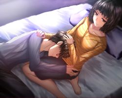 Rule 34 | 10s, 1boy, 1girl, amamiya ren, barefoot, bed, black hair, blush, collarbone, couple, feet, from above, glasses, hand on another&#039;s head, kawakami sadayo, lap pillow, persona, persona 5, pillow, shirt, skirt, sleeping, smile, striped clothes, striped shirt, toes, yaoto