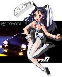 Rule 34 | 1girl, :d, ae86, animal ears, ankle cuffs, bare shoulders, black eyes, blue hair, blush, breasts, breasts apart, car, cleavage, clenched hand, copyright name, fake animal ears, fake tail, floating hair, full body, hairband, hand on own hip, initial d, katahira masashi, leg lift, leotard, lights, long hair, mary janes, motor vehicle, necktie, open mouth, outstretched arm, pantyhose, personification, photo (medium), photo background, playboy bunny, rabbit ears, rabbit tail, road, shadow, shoes, sideboob, sidelocks, small breasts, smile, solo, strapless, strapless leotard, tail, toyota, toyota sprinter trueno, vehicle, white pantyhose, wrist cuffs