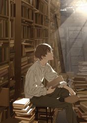 Rule 34 | 1boy, book, bookshelf, brown eyes, brown hair, brown theme, commentary, crossed legs, from side, frown, hechima (issindotai), highres, holding, holding book, indoors, ladder, library, light particles, light rays, looking up, loose clothes, loose shirt, male focus, md5 mismatch, original, profile, resolution mismatch, shirt, short hair, sitting, solo, source smaller, stool, sunlight