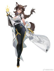 Rule 34 | 1girl, animal ear fluff, animal ears, black pants, breasts, brown hair, cleavage, cleavage cutout, clipboard, clothing cutout, commentary request, cube, full body, girls&#039; frontline, girls&#039; frontline neural cloud, gloves, hair ornament, highres, holding, holding clipboard, jewelry, lab coat, large breasts, long hair, looking at viewer, mo li baitao shui, necklace, off shoulder, pants, prototype design, purple eyes, shirt, shoes, short sleeves, simple background, smile, solo, tail, turing (neural cloud), weibo watermark, white background, white shirt, yellow gloves