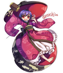 Rule 34 | 1girl, ahoge, barefoot, black hat, bowl, bowl hat, commentary, full body, hat, highres, holding, holding needle, japanese clothes, kimono, long sleeves, looking at viewer, miracle mallet, needle, needle sword, one-hour drawing challenge, purple hair, red eyes, red kimono, renshirenji, sash, short hair, simple background, solo, sukuna shinmyoumaru, touhou, white background, wide sleeves