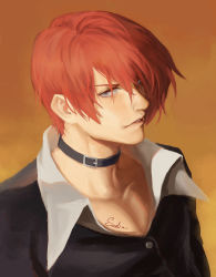 Rule 34 | 1boy, absurdres, animal collar, black collar, black jacket, blue eyes, brown background, collar, collarbone, commentary request, dated, gradient background, hair over one eye, highres, jacket, looking at viewer, male focus, parted lips, red hair, sad (sadisme), short hair, signature, simple background, solo, the king of fighters, yagami iori