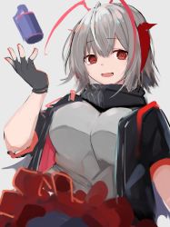 Rule 34 | 1girl, :d, arknights, asususususu, black gloves, black jacket, black scarf, breasts, fingerless gloves, gloves, grey hair, grey shirt, highres, horns, jacket, large breasts, miniskirt, multicolored hair, nail polish, open clothes, open jacket, open mouth, red eyes, red hair, red nails, red skirt, scarf, shirt, short hair, short sleeves, skirt, smile, solo, streaked hair, tossing, two-tone hair, upper body, w (arknights)