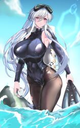 Rule 34 | 1girl, absurdres, azur lane, black pantyhose, black wetsuit, blue one-piece swimsuit, blue sky, breasts, center opening, commentary request, diving mask, diving mask on head, diving suit, enterprise (azur lane), enterprise (diving under blue skies) (azur lane), goggles, goggles on head, grey hair, highres, impossible clothes, impossible swimsuit, large breasts, lens flare, long hair, minuo songshu, official alternate costume, one-piece swimsuit, open clothes, open wetsuit, pantyhose, pantyhose under swimsuit, partially submerged, purple eyes, sidelocks, sky, solo, swim goggles, swimsuit, torn clothes, very long hair