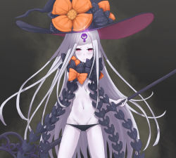 Rule 34 | 1girl, abigail williams (fate), abigail williams (third ascension) (fate), black bow, black hat, black panties, bow, fate/grand order, fate (series), glowing, groin, hat, hat bow, highres, holding, holding key, jagooz, key, long hair, looking at viewer, navel, orange bow, oversized object, pale skin, panties, parted bangs, parted lips, polka dot, polka dot bow, purple eyes, revealing clothes, solo, topless, underwear, v-shaped eyebrows, very long hair, white hair, witch hat